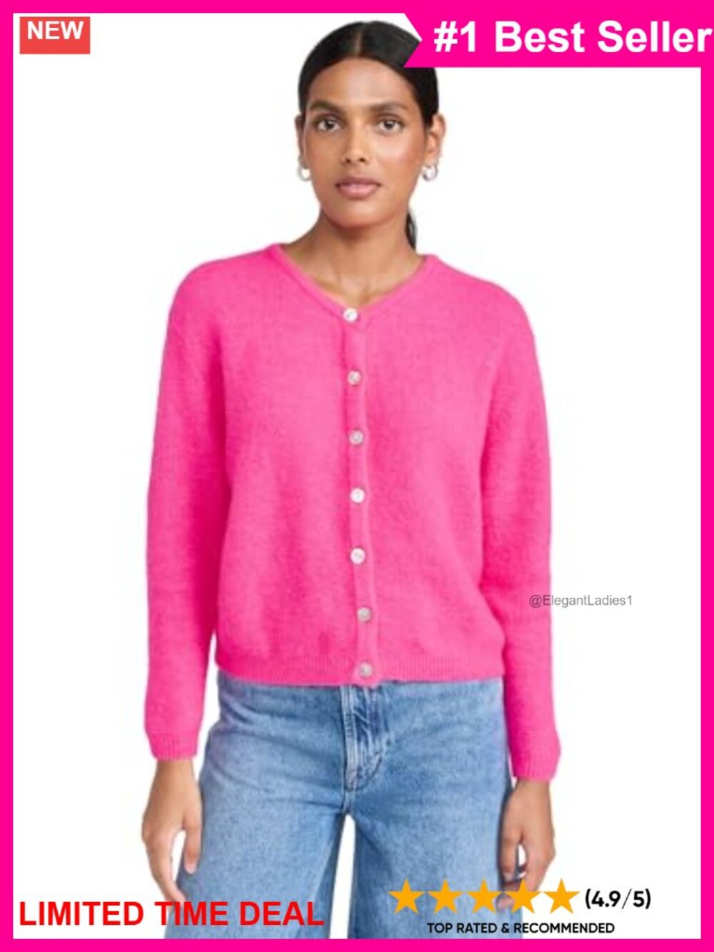 Cropped Cardigan Full Sleeve Crew Neck Button Mother-of-Pearl Ribbed Knit